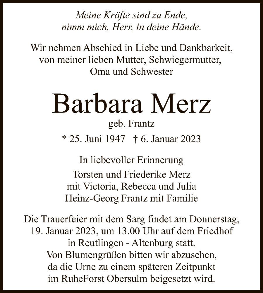  Traueranzeige für Barbara Merz vom 14.01.2023 aus Reutlinger General-Anzeiger