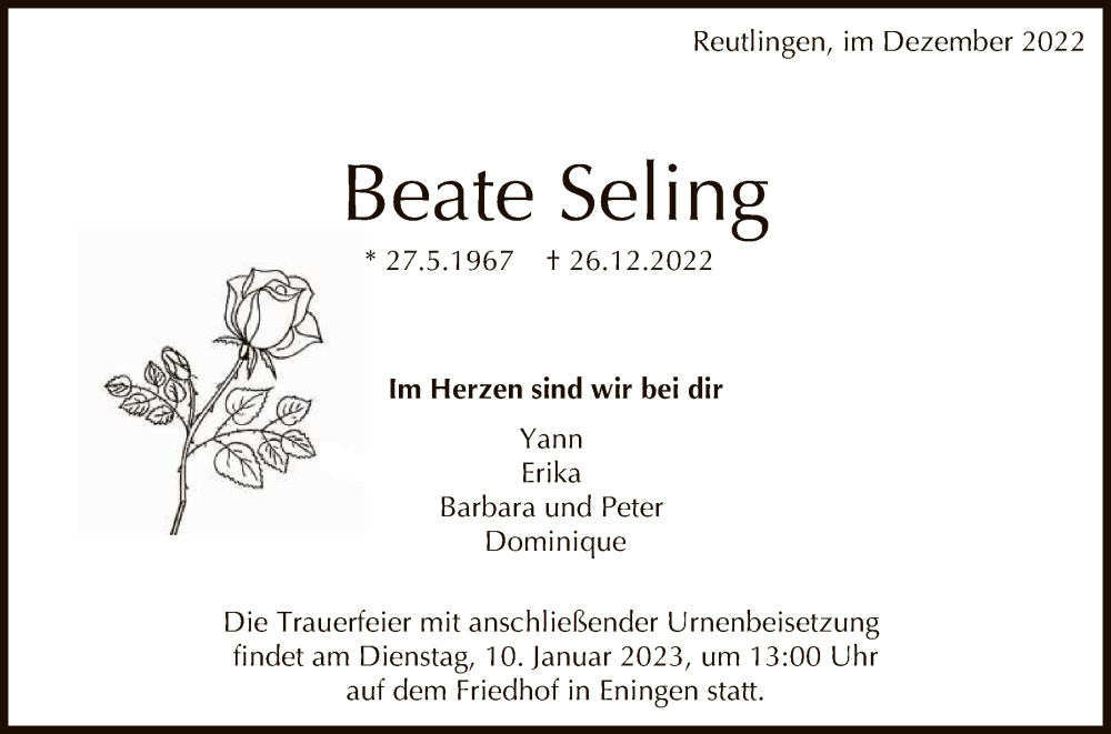  Traueranzeige für Beate Seling vom 07.01.2023 aus Reutlinger General-Anzeiger