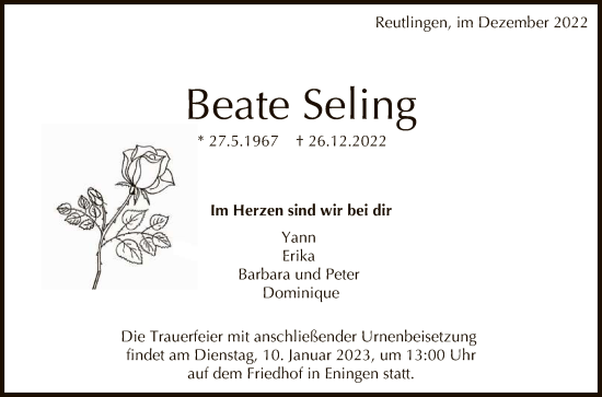 Anzeige von Beate Seling von Reutlinger General-Anzeiger