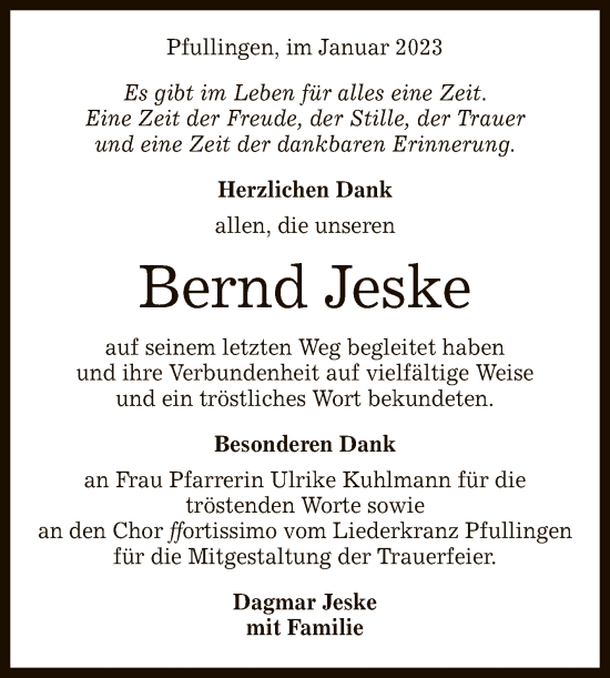 Anzeige von Bernd Jeske von Reutlinger General-Anzeiger