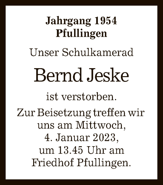 Anzeige von Bernd Jeske von Reutlinger General-Anzeiger