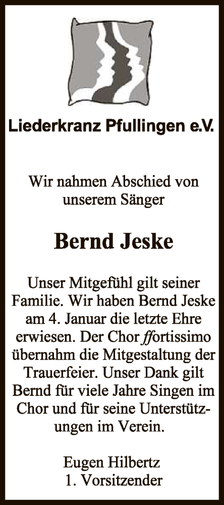 Anzeige von Bernd Jeske von Reutlinger General-Anzeiger