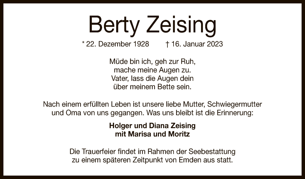  Traueranzeige für Berty Zeising vom 19.01.2023 aus Reutlinger General-Anzeiger