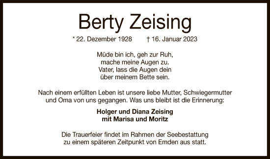 Anzeige von Berty Zeising von Reutlinger General-Anzeiger