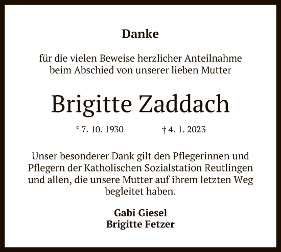 Anzeige von Brigitte Zaddach von Reutlinger General-Anzeiger