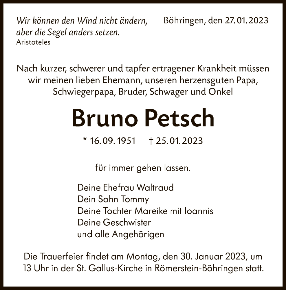  Traueranzeige für Bruno Petsch vom 28.01.2023 aus Reutlinger General-Anzeiger