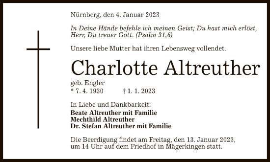 Anzeige von Charlotte Altreuther von Reutlinger General-Anzeiger