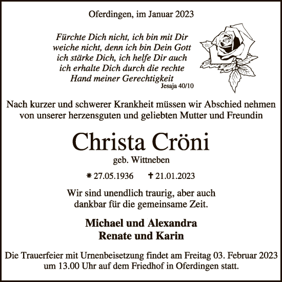 Anzeige von Christa Cröni von Reutlinger General-Anzeiger