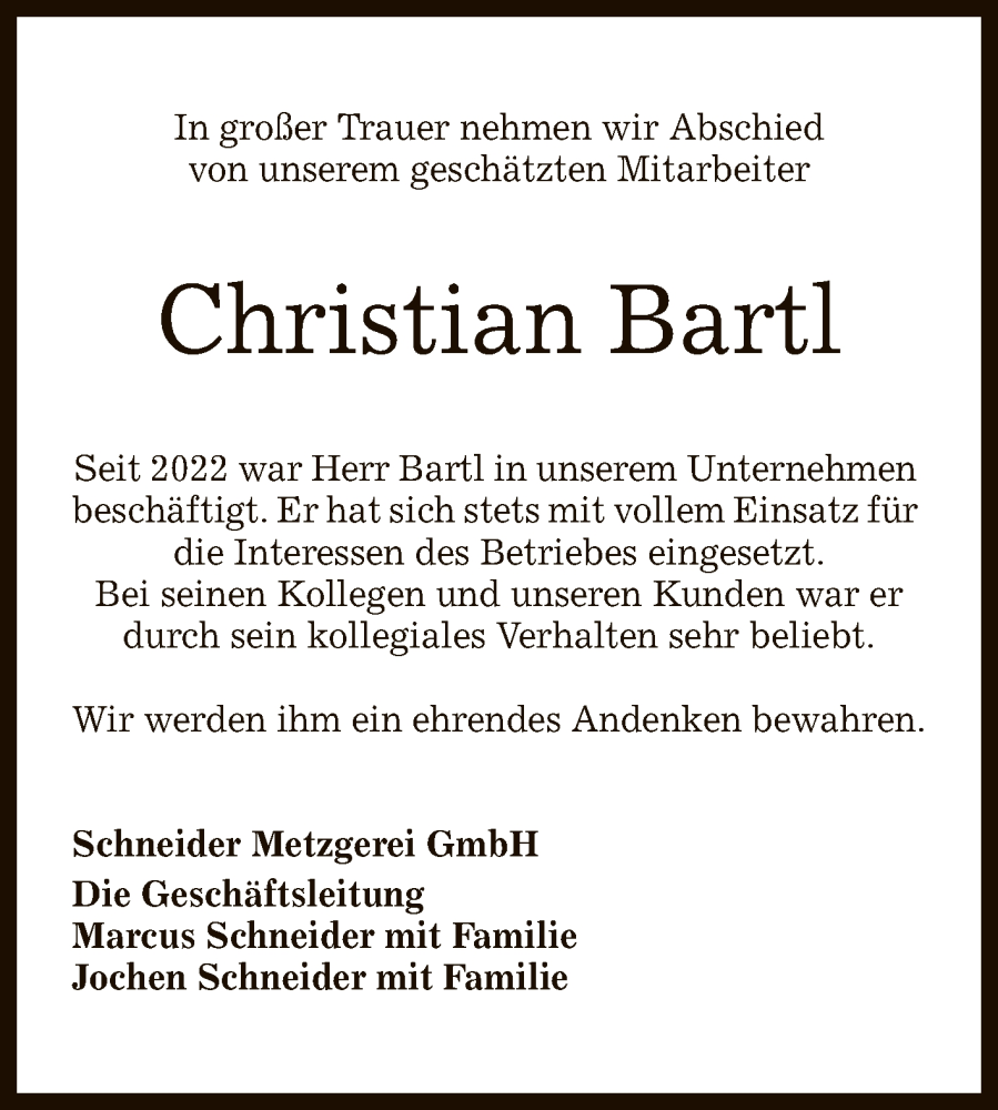 Traueranzeige für Christian Bartl vom 18.01.2023 aus Reutlinger General-Anzeiger