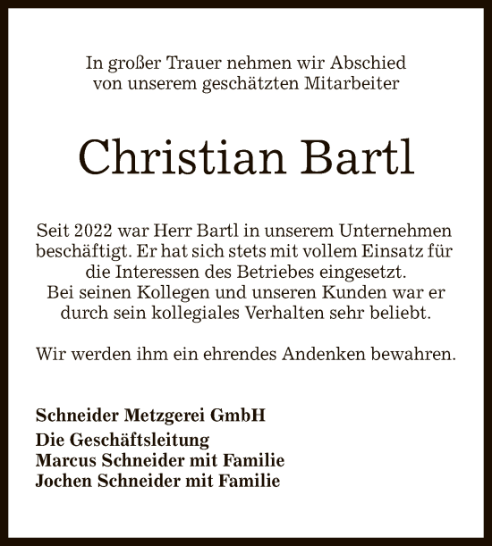 Anzeige von Christian Bartl von Reutlinger General-Anzeiger