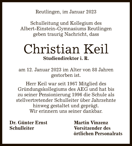 Anzeige von Christian Keil von Reutlinger General-Anzeiger