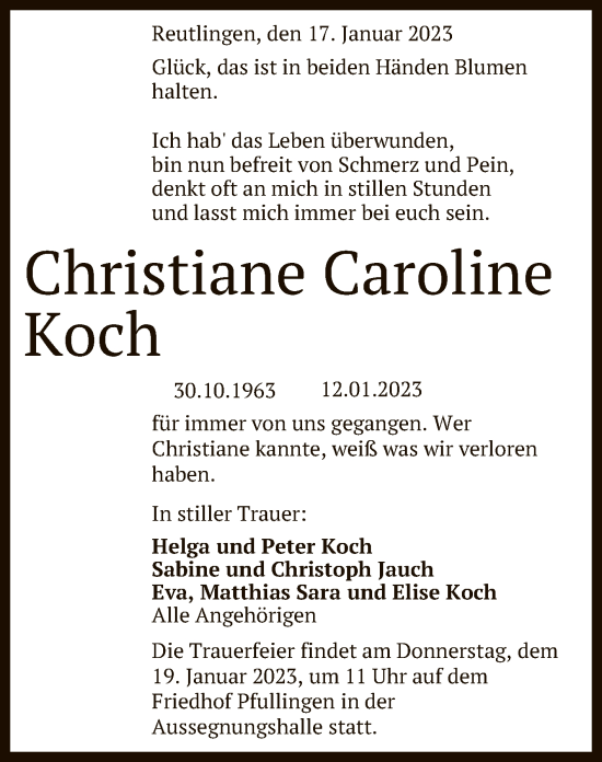 Anzeige von Christiane Caroline Koch  von Reutlinger General-Anzeiger