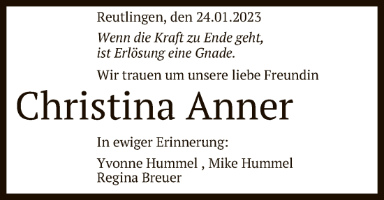Anzeige von Christina Anner von Reutlinger General-Anzeiger