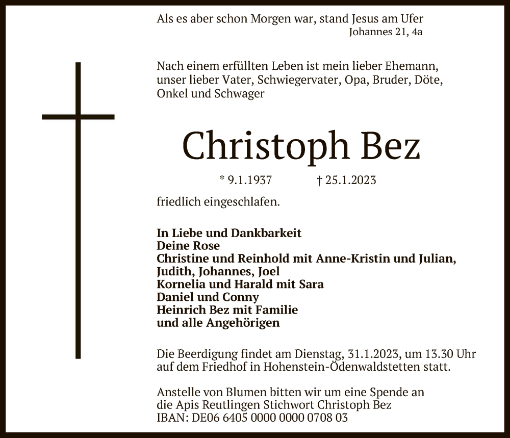  Traueranzeige für Christoph Bez vom 28.01.2023 aus Reutlinger General-Anzeiger