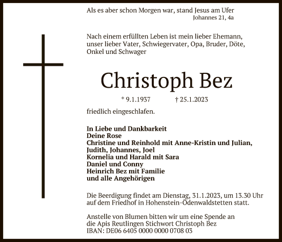 Anzeige von Christoph Bez von Reutlinger General-Anzeiger