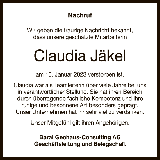 Anzeige von Claudia Jäkel von Reutlinger General-Anzeiger