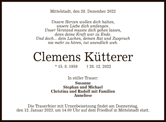 Anzeige von Clemens Kütterer von Reutlinger General-Anzeiger