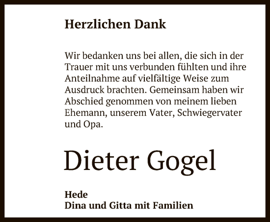 Anzeige von Dieter Gogel von Reutlinger General-Anzeiger