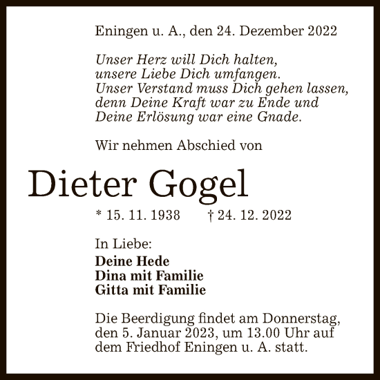 Anzeige von Dieter Gogel von Reutlinger General-Anzeiger
