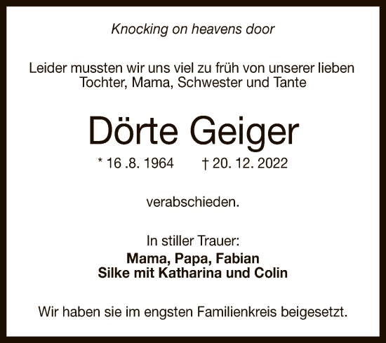 Anzeige von Dörte Geiger von Reutlinger General-Anzeiger