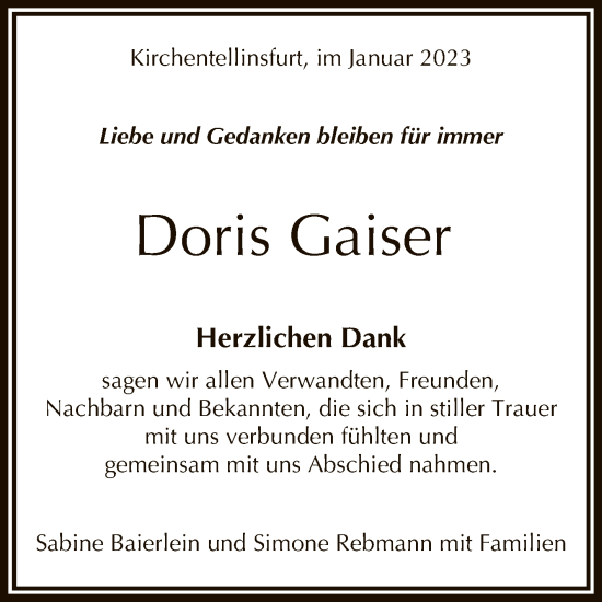 Anzeige von Doris Gaiser von Reutlinger General-Anzeiger