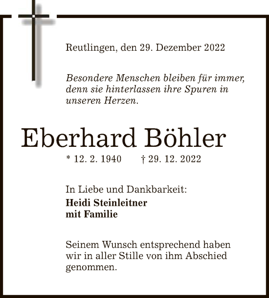 Anzeige von Eberhard Böhler von Reutlinger General-Anzeiger