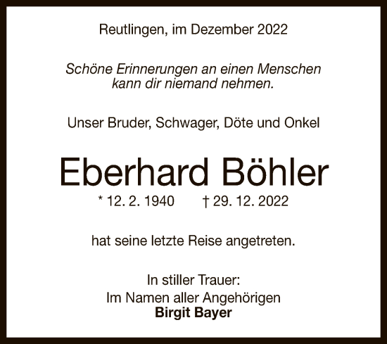 Anzeige von Eberhard Böhler von Reutlinger General-Anzeiger