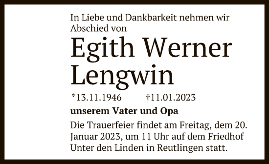 Anzeige von Egith Werner Lengwin von Reutlinger General-Anzeiger