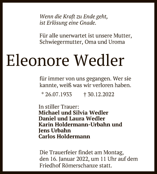 Anzeige von Eleonore Wedler von Reutlinger General-Anzeiger