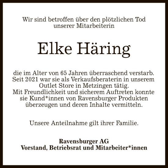 Anzeige von Elke Häring von Reutlinger General-Anzeiger