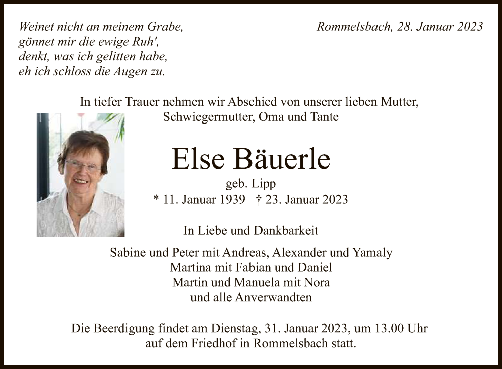 Traueranzeige für Else Bäuerle vom 28.01.2023 aus Reutlinger General-Anzeiger