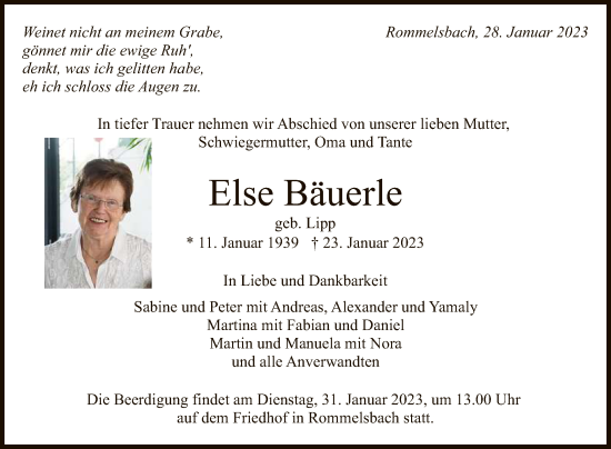 Anzeige von Else Bäuerle von Reutlinger General-Anzeiger