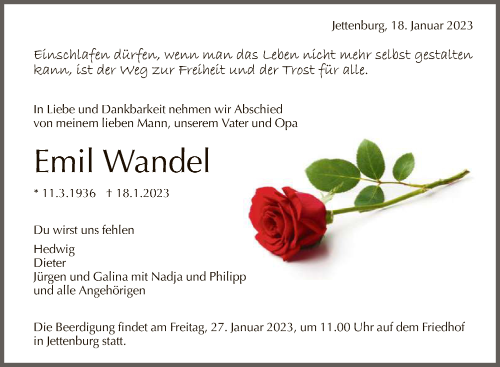  Traueranzeige für Emil Wandel vom 24.01.2023 aus Reutlinger General-Anzeiger