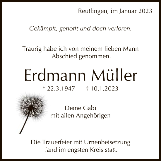 Anzeige von Erdmann Müller von Reutlinger General-Anzeiger