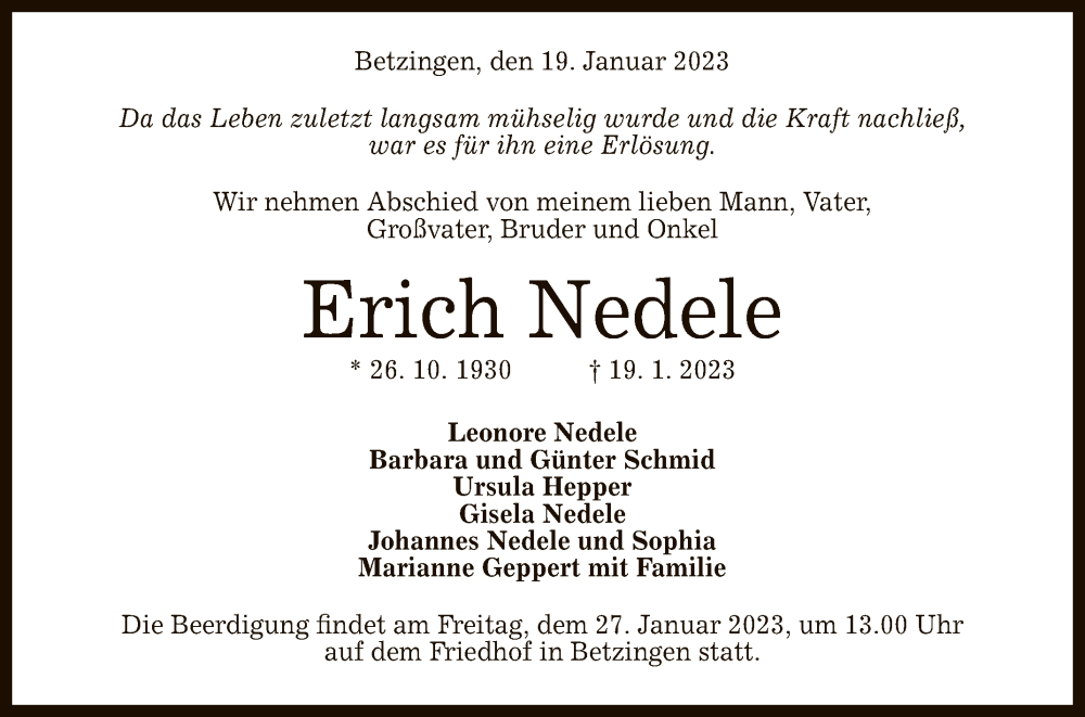  Traueranzeige für Erich Nedele vom 25.01.2023 aus Reutlinger General-Anzeiger