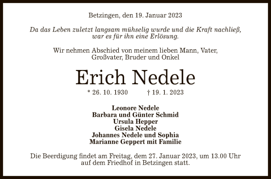 Anzeige von Erich Nedele von Reutlinger General-Anzeiger