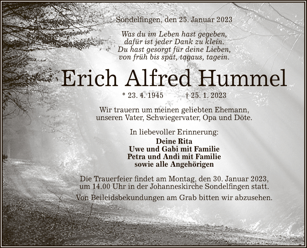 Traueranzeige für Erich Alfred Hummel vom 28.01.2023 aus Reutlinger General-Anzeiger