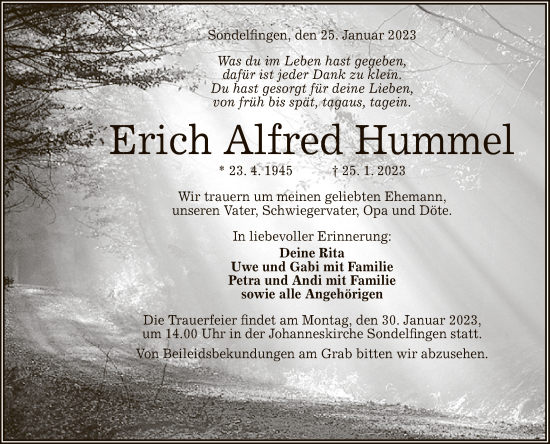 Anzeige von Erich Alfred Hummel von Reutlinger General-Anzeiger