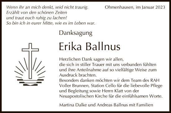 Anzeige von Erika Ballnus von Reutlinger General-Anzeiger