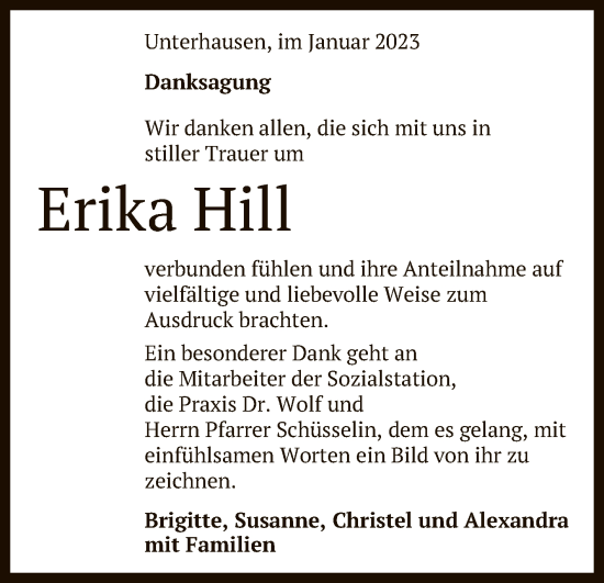 Anzeige von Erika Hill von Reutlinger General-Anzeiger