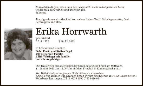 Anzeige von Erika Horrwarth von Reutlinger General-Anzeiger