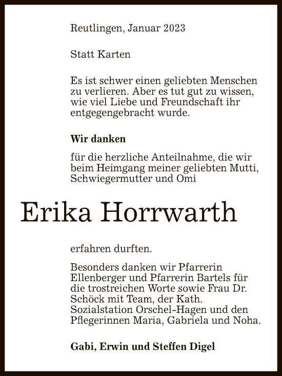 Anzeige von Erika Horrwarth von Reutlinger General-Anzeiger