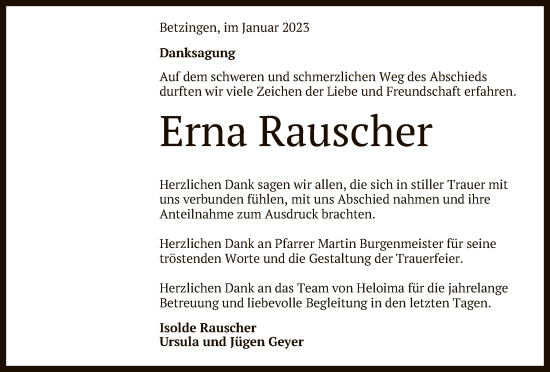 Anzeige von Erna Rauscher von Reutlinger General-Anzeiger