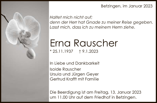 Anzeige von Erna Rauscher von Reutlinger General-Anzeiger