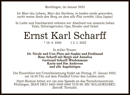 Anzeige von Ernst Karl Scharff von Reutlinger General-Anzeiger