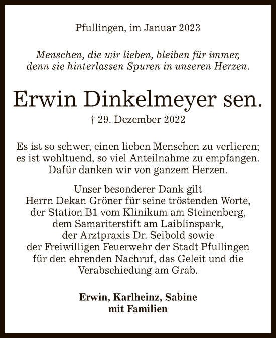 Anzeige von Erwin Dinkelmeyer von Reutlinger General-Anzeiger