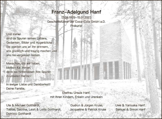 Anzeige von Franz-Adelgund Hanf von Reutlinger General-Anzeiger