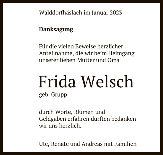 Anzeige von Frida Welsch von Reutlinger General-Anzeiger