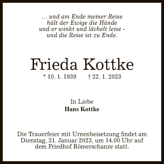 Anzeige von Frieda Kottke von Reutlinger General-Anzeiger
