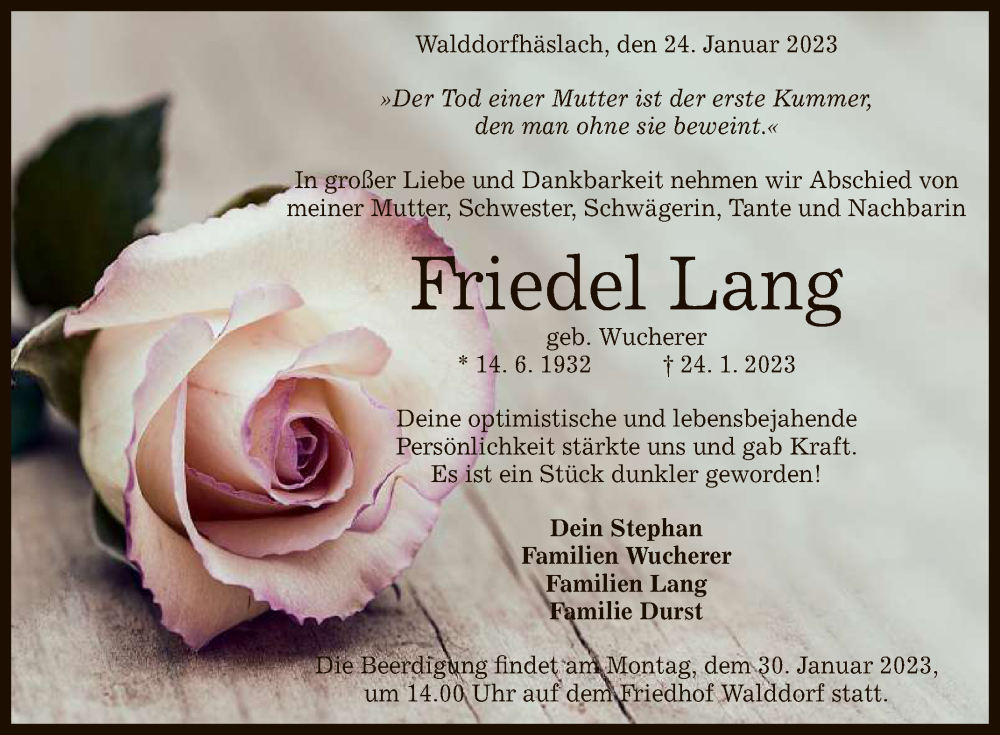  Traueranzeige für Friedel Lang vom 27.01.2023 aus Reutlinger General-Anzeiger